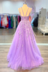 A-Line Tulle Princess Light Purple Semi Formal Prom Dress With Appliques, Tulle Straps Semi Formal Prom Dress